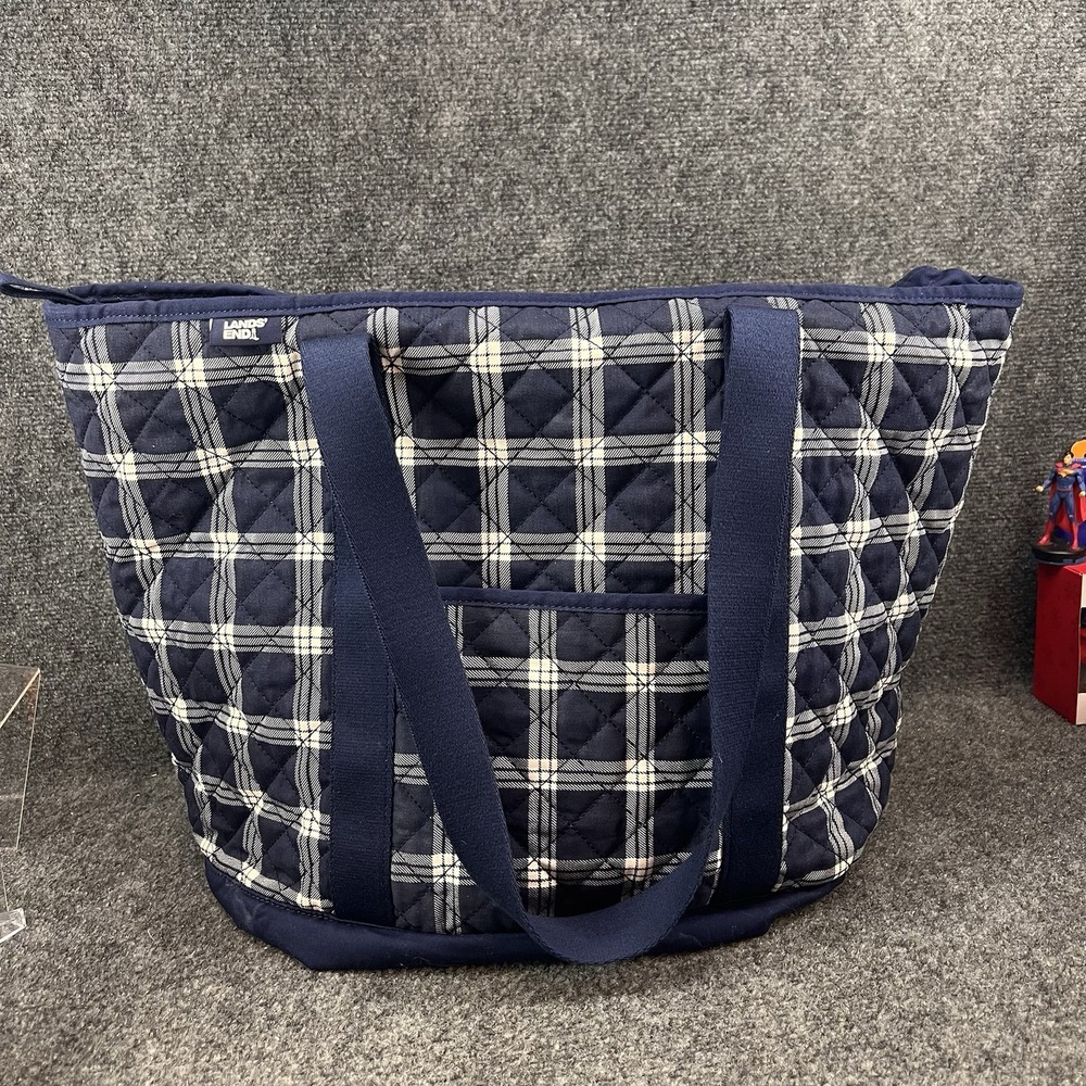 Lands' End Large Navy Blue White Plaid Canvas Zip Top Tote Preowned 21"x13"x10"